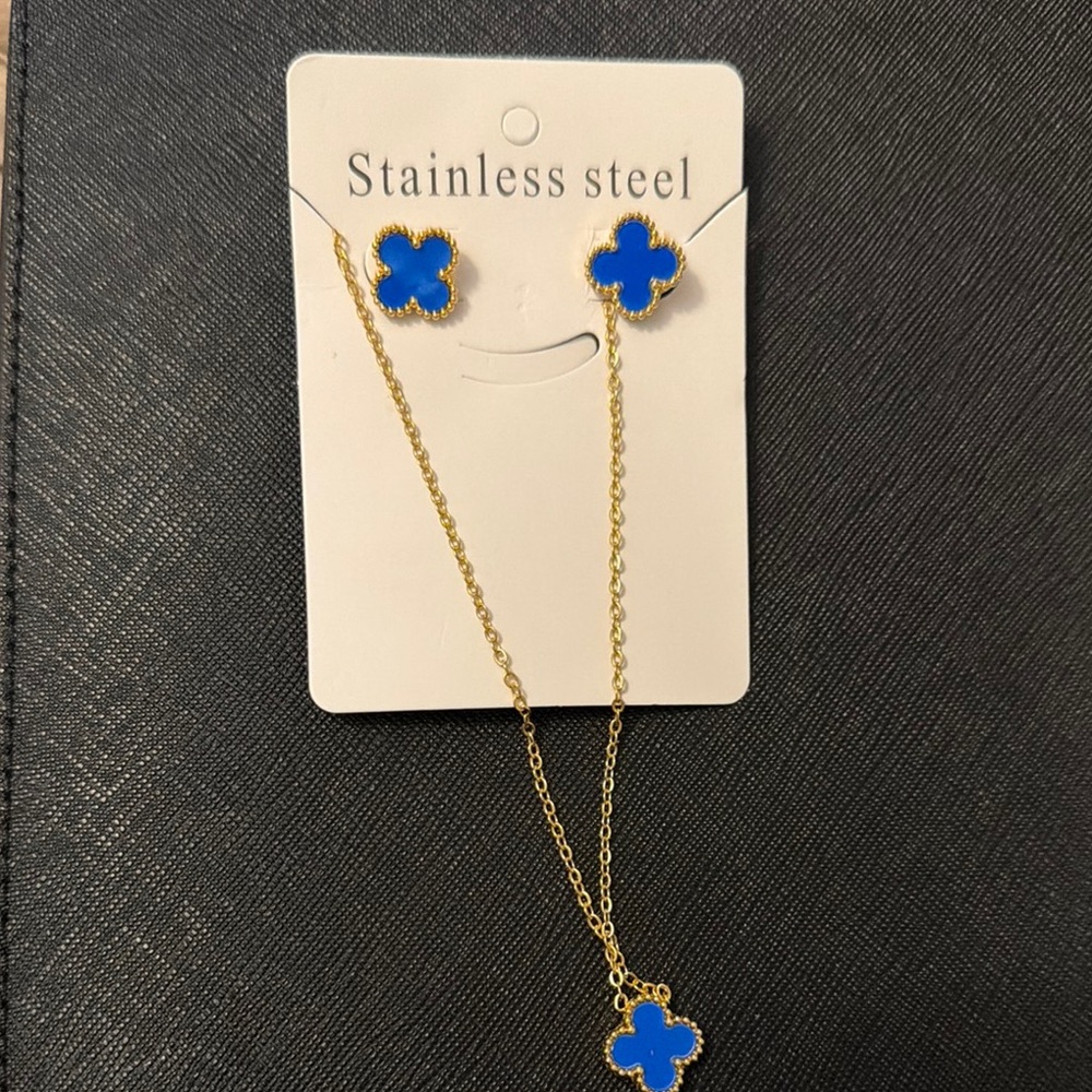 Gold and Blue Clover Drop Earrings